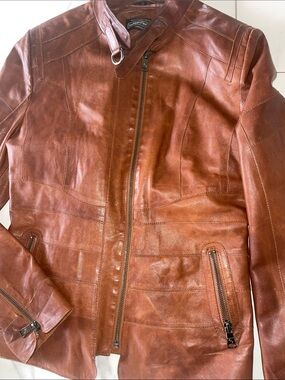 Women's Chestnut Leather Moto Jacket with Stand Collar